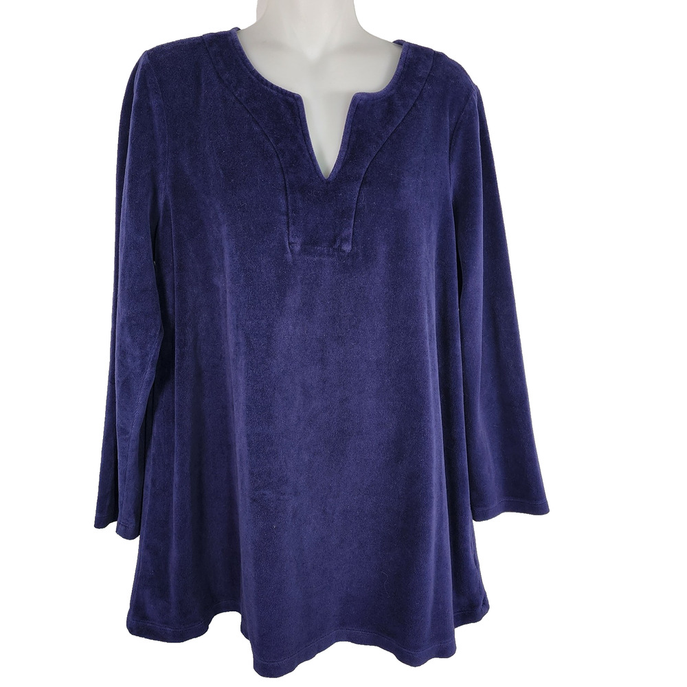 Susan Graver Womens Velour Long Sleeve Split V Neck Tunic Pullover Medium Blue